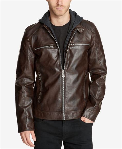 guess men's brown fake leather jacket problems|GUESS Men's Faux Leather Hooded Moto Jacket, Brown, Small.